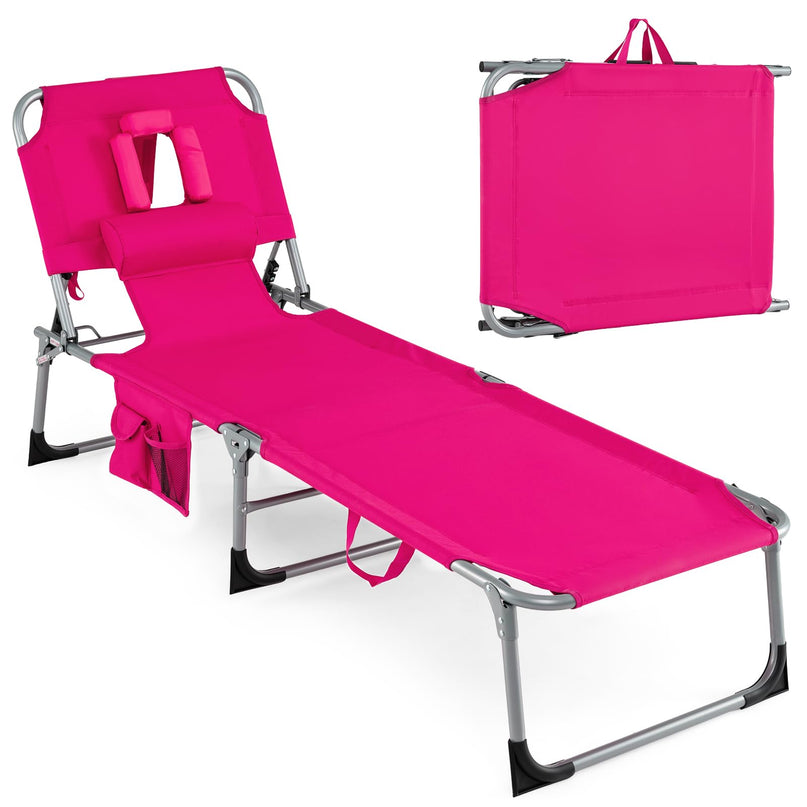 (下架）Giantex Tanning Chair Folding Beach Chair w/Face Arm Hole, Washable Pillow, Pocket