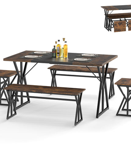 Giantex 55" Kitchen Table with 2 Benches & 2 Stools with X-Shaped Metal Frame