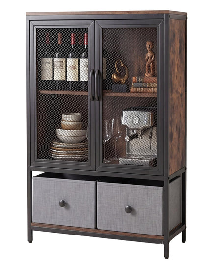 Giantex Industrial Coffee Bar Cabinet with Adjustable Shelves & 2 Removable Cloth Drawers