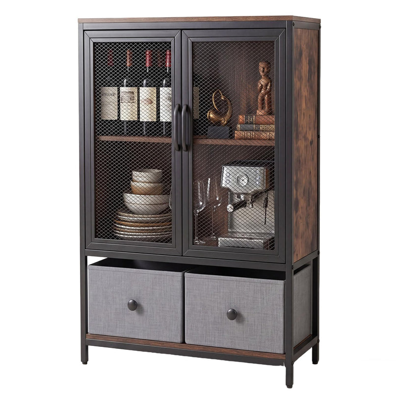 Giantex Industrial Coffee Bar Cabinet with Adjustable Shelves & 2 Removable Cloth Drawers