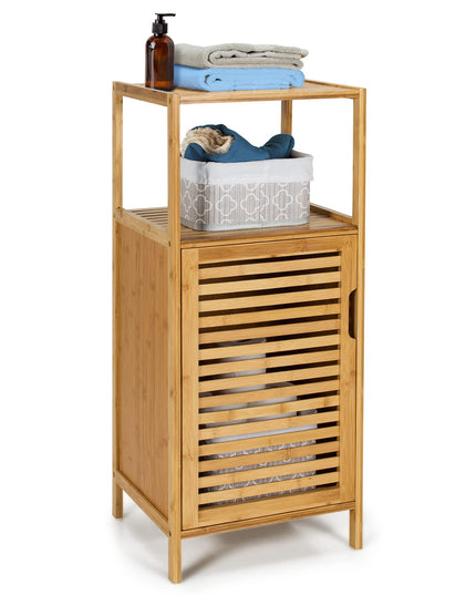Giantex Bathroom Floor Cabinet, Bamboo Storage Cabinet w/Single Door & Open Shelves