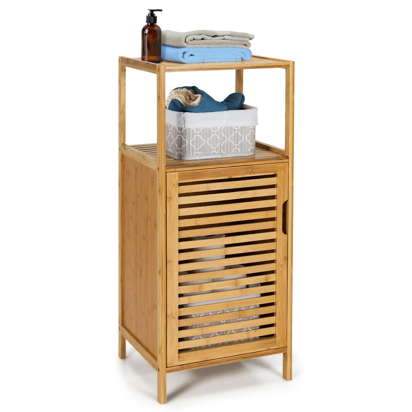 Giantex Bathroom Floor Cabinet, Bamboo Storage Cabinet w/Single Door & Open Shelves