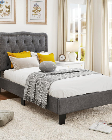 Giantex Twin Size Bed Frame, Modern Linen Upholstered Platform Bed w/ 46" Tall Button Tufted Headboard