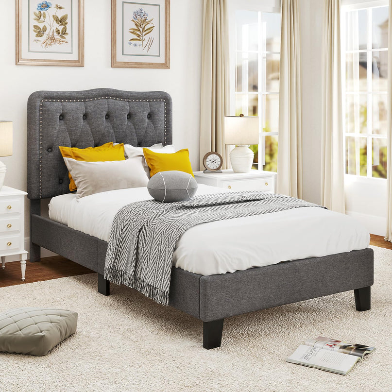 Giantex Twin Size Bed Frame, Modern Linen Upholstered Platform Bed w/ 46" Tall Button Tufted Headboard