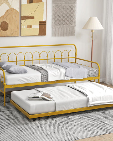 Giantex Twin Daybed with Trundle Gold, Metal Day Bed with Convenient Pull-Out Trundle Bed