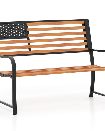 Giantex Outdoor Bench, 2-Person Metal Garden Bench with American Flag Backrest