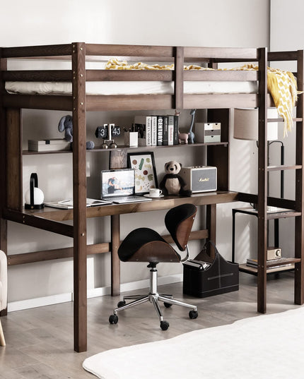 Giantex Twin Loft Bed with Desk and Bookshelf, Wooden Bed Frame with Safety Guardrail & Ladder