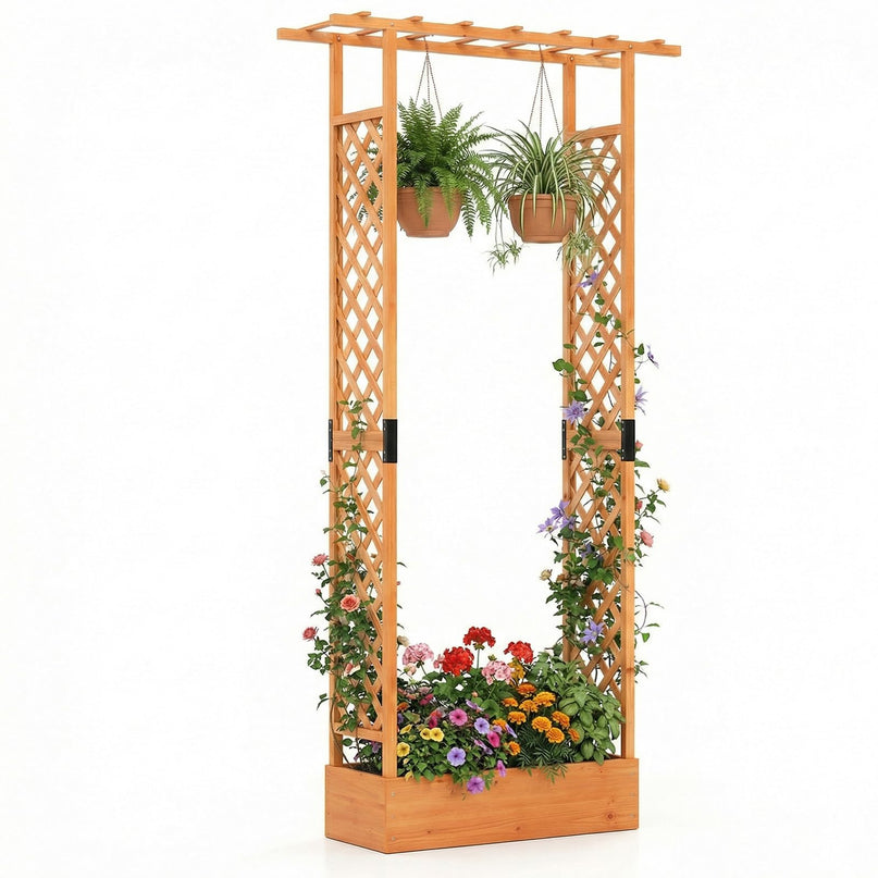Giantex 89”Wooden Raised Garden Bed with Trellis & Hanging Roof