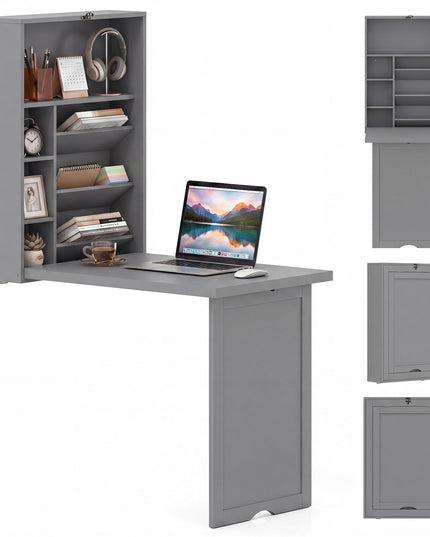 Giantex Wall Mounted Foldable Convertible Computer Desk with Storage Shelves