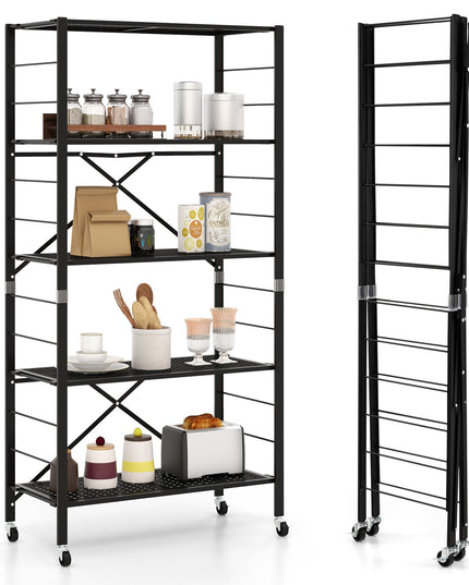 Giantex 5-Tier Folding Bookshelf with Wheels of 1/2, 60" Tall Foldable Metal Shelves for Storage