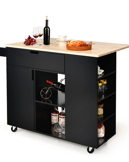 Giantex Kitchen Island Cart Drop-Leaf Countertop, Rubber Wood Breakfast Dining Table w/Large Drawer