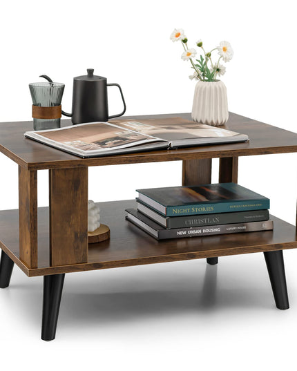 Giantex Retro Wood Coffee Table, 2-Tier Tea Table w/Open Storage Shelf & Supportive Legs