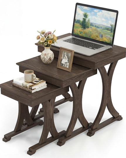 Giantex Table Basse Gigogne Rectangulaire, Ensemble de 3 avec Pieds en Bois d'Hévéa Massif