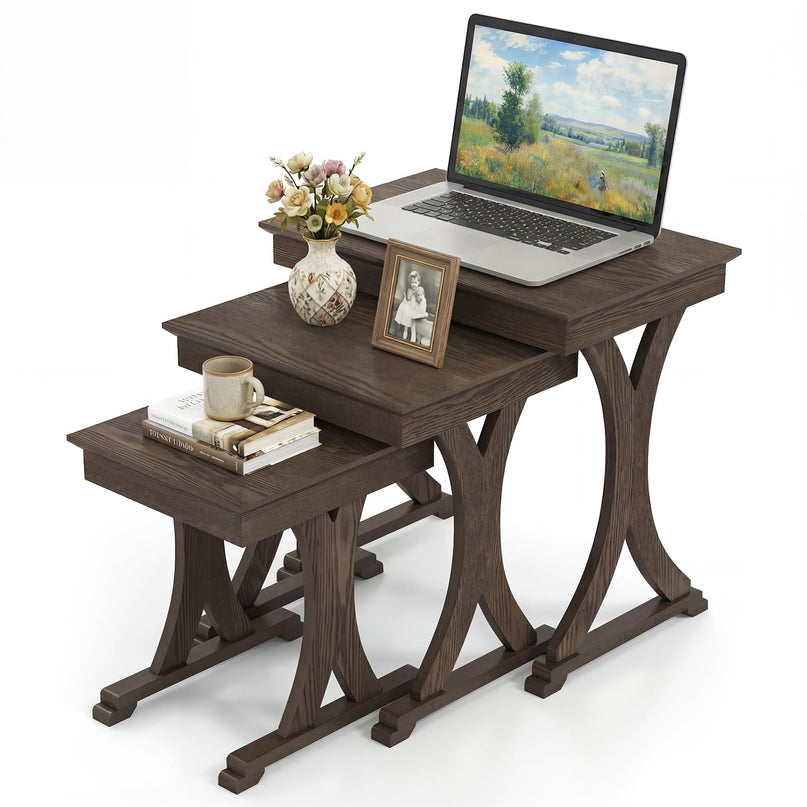 Giantex Table Basse Gigogne Rectangulaire, Ensemble de 3 avec Pieds en Bois d'Hévéa Massif