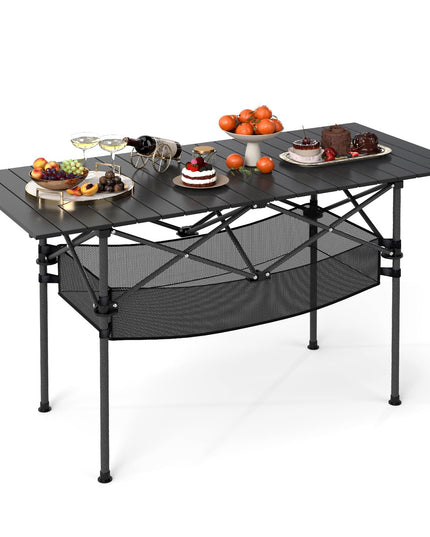 Giantex Folding Camping Table w/Aluminum Roll-up Tabletop & Mesh Basket