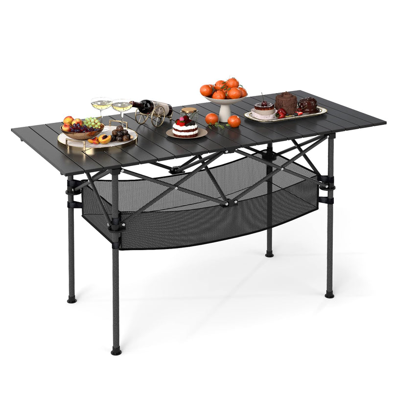 Giantex Folding Camping Table w/Aluminum Roll-up Tabletop & Mesh Basket