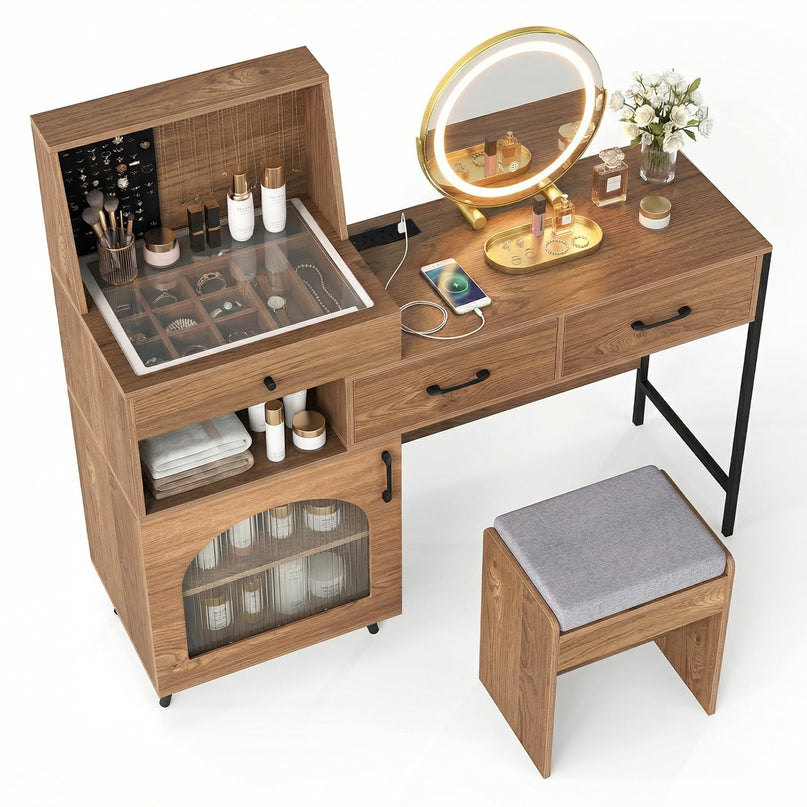 CHARMAID Vanity Desk with Charging Station Jewelry Organizer