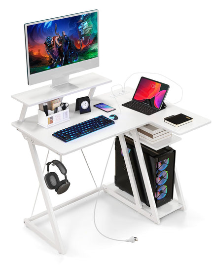 Bureau de jeu en forme de L Giantex avec prises et ports USB, petit bureau d'ordinateur avec étagère pour moniteur
