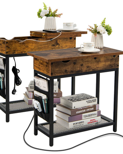 Giantex Set of 2 End Table with Charging Station, Industrial Multifunctional Nightstand