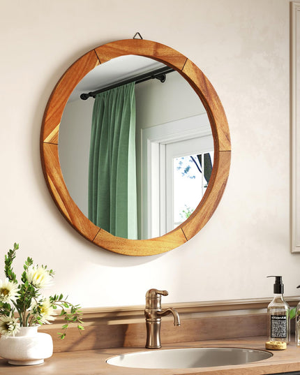Farmhouse Wall Mirror Round Mirror with Solid Acacia Wood Frame