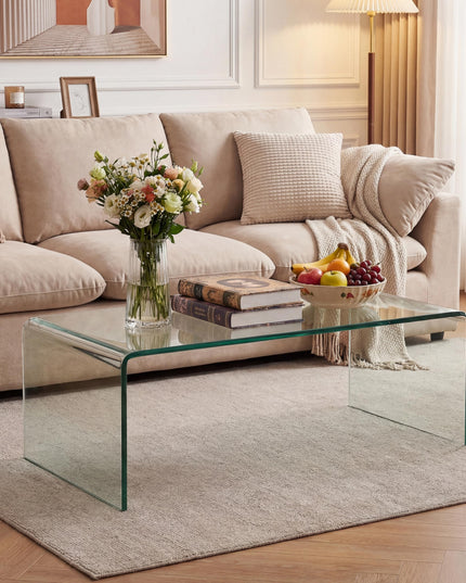 Giantex Glass Coffee Table with Tempered Glass Top & Round Edges
