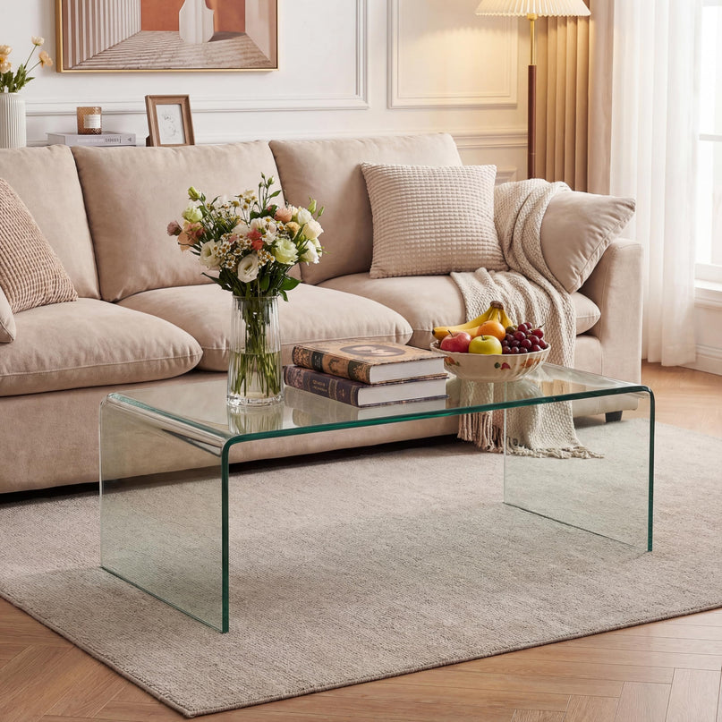 Giantex Glass Coffee Table with Tempered Glass Top & Round Edges