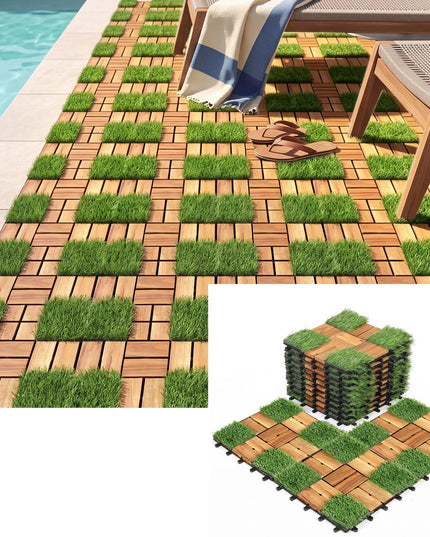 GIANTEX 30 PCS Interlocking Acacia Wood & Artificial Grass Deck Tiles
