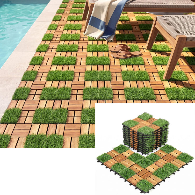 GIANTEX 30 PCS Interlocking Acacia Wood & Artificial Grass Deck Tiles
