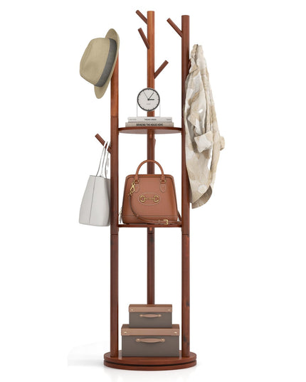Giantex Coat Rack Freestanding, Wooden Rotary Coat Tree w/ 3 Display Storage Shelves & 9 Hooks