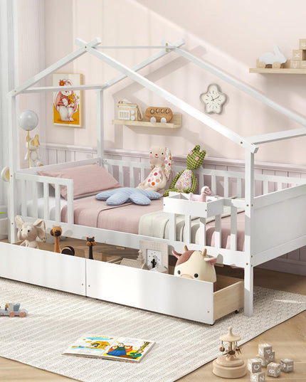 Giantex Twin House Bed with Drawers, Wooden Twin Bed Frame with Cube Storage & Fence Rails