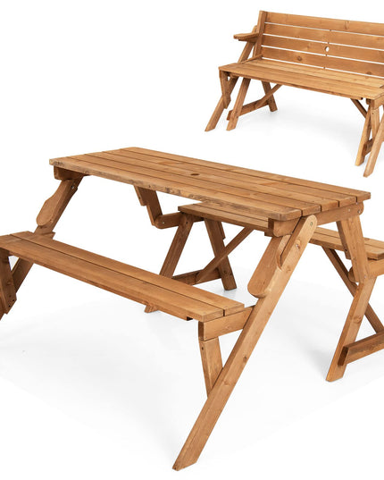 Giantex Wooden Picnic Table Set, 2 in-1 Folding Picnic Bench Set Transforming Interchangeable