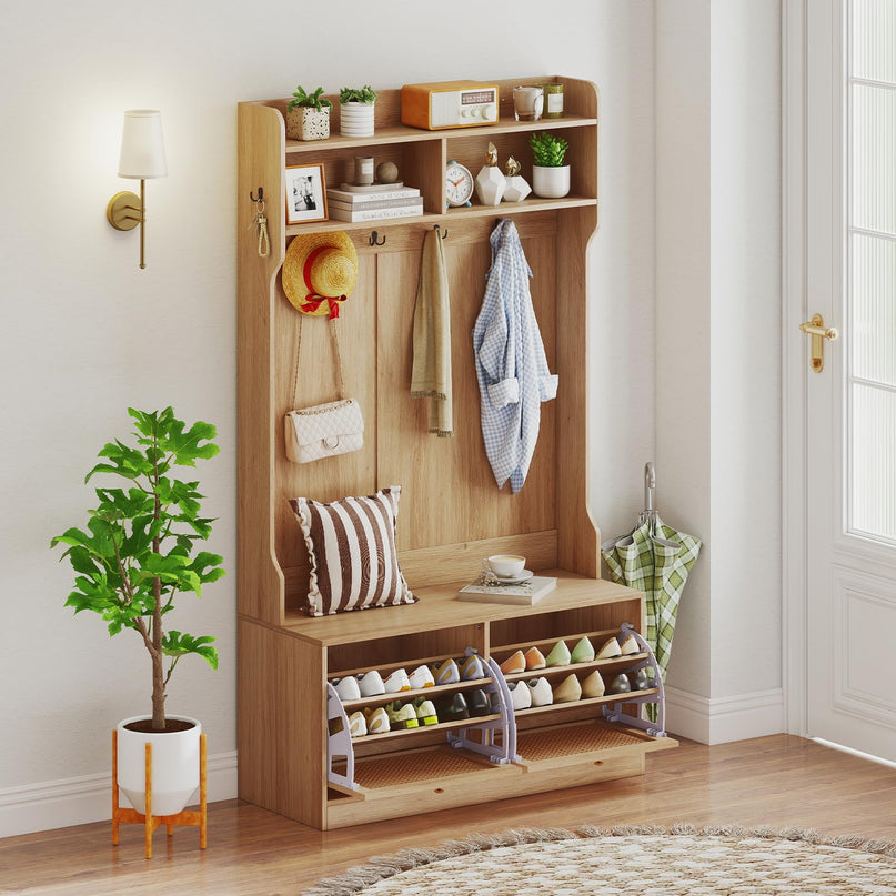 Giantex 4-In-1 Hall Tree Entryway Bench with Coat Rack & Flip Drawers