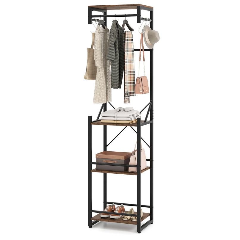 Giantex Coat Rack Freestanding with Shelves 6 Hooks 4 Storage Shelves & 3 Hanging Rods