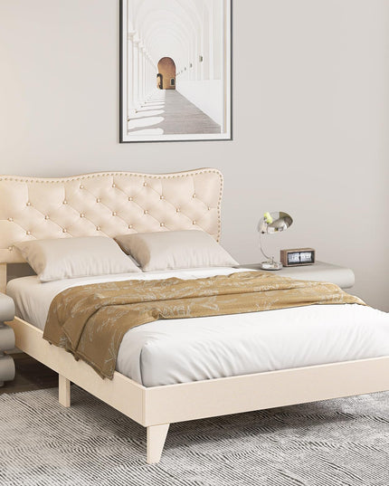 Giantex Full Size Bed Frame Beige, Linen Fabric Upholstered Platform Bed Frame with Nail Headboard
