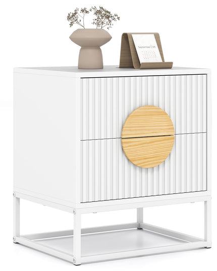 Giantex Fluted Nightstand with 2 Drawers Natural Circle Handle & Metal Frame