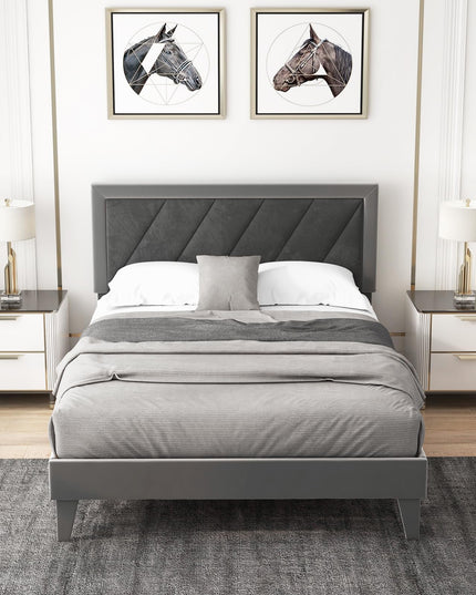 Giantex Full Size Velvet Bed Frame with Headboard, Modern Upholstered Platform Bed, No Box Spring Needed, Black & Gray
