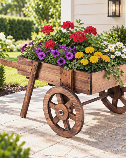 GIANTEX Wooden Wagon Planter Box with Wheels