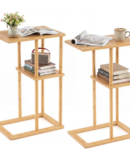 Giantex Bamboo Side Table Set of 2 with Storage Shelves
