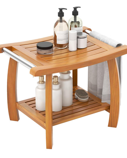 Gaintex Teak Shower Bench with Handles and Storage Shelf, Teak Shower Stool for Shaving Legs, Non-Slip Foot Pads