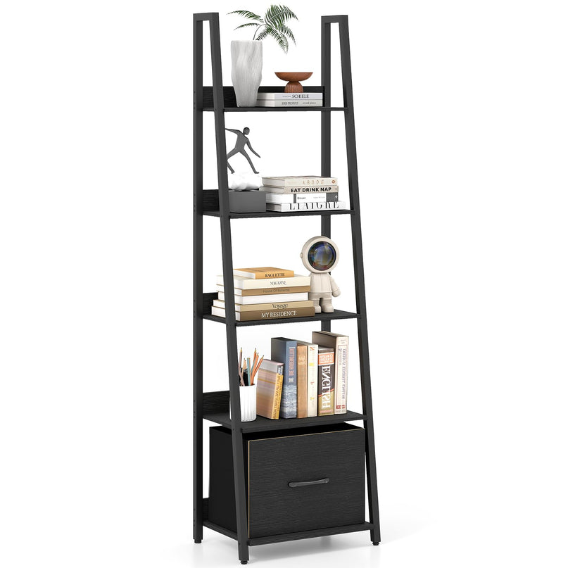 Giantex Modern Freestanding 5-Tier Ladder Bookshelf with Removable Fabric Drawer