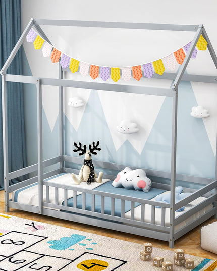 Giantex Twin Floor Bed with Fence, Wood Montessori Bed with Safety Guardrails and 80.5" High Roof Design