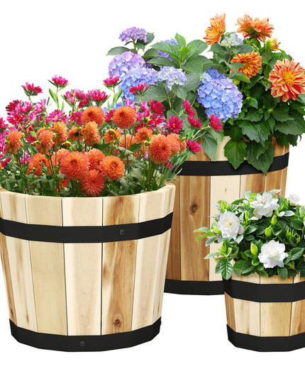 Giantex Set of 3 Barrel Planters Outdoor Acacia Wood Raised Garden Bed