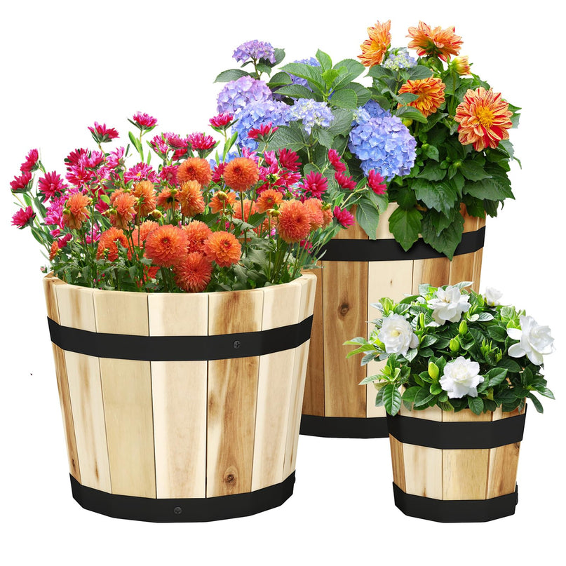 Giantex Set of 3 Barrel Planters Outdoor Acacia Wood Raised Garden Bed