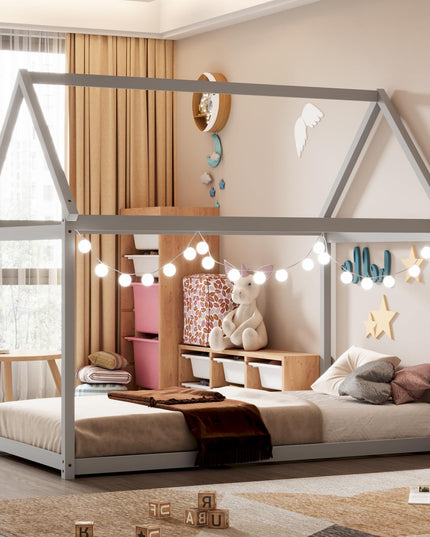 Giantex Twin House Bed, Wood Montessori Bed Frame with House Roof Canopy
