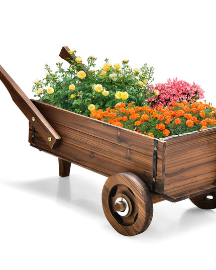 Giantex Wooden Wagon Planter Box, Decorative Wagon Cart with Wheels, Handles