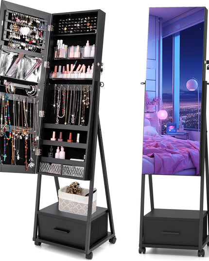 CHARMAID Rolling Jewelry Cabinet with Full Length Mirror, Lockable Standing Jewelry Armoire with Wheels