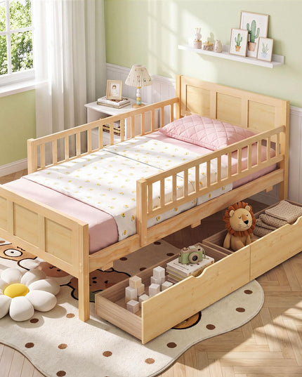 GIANTEX Full/Twin  Size Bed Frame with 2 Storage Drawer & Guardrails for Kids