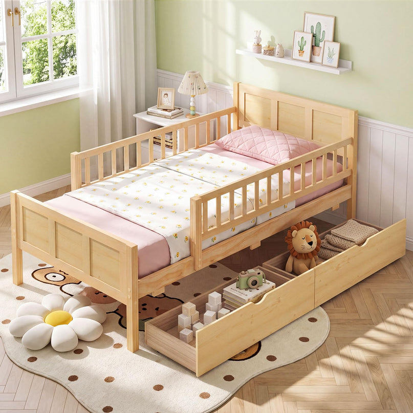 GIANTEX Full/Twin  Size Bed Frame with 2 Storage Drawer & Guardrails for Kids