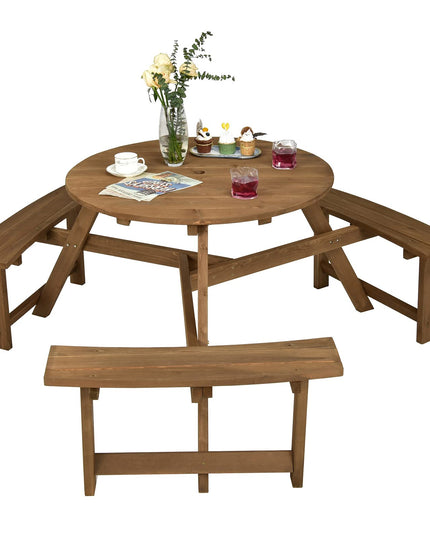 Giantex Wooden Picnic Table for 6 Person, Round Outdoor Table with 3 Benches, Umbrella Hole