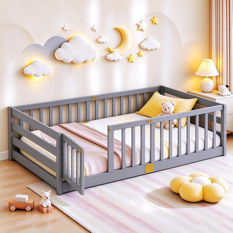 Giantex Twin Floor Bed with High Fence & Door